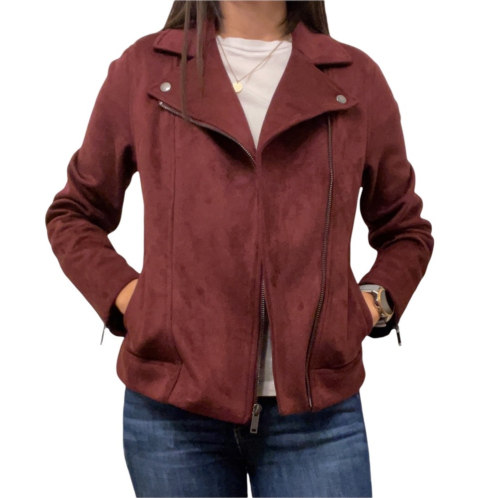Old Navy Burgundy Faux Suede Leather Moto Jacket - XS